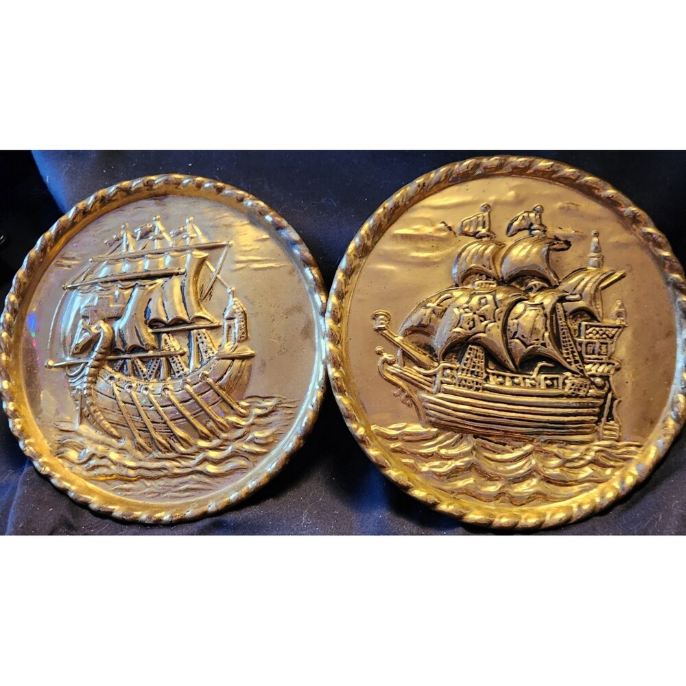 2 Vintage Embossed Brass Wall Decor w/  Sailing Ships & Seagulls 8” England - Picture 2 of 7